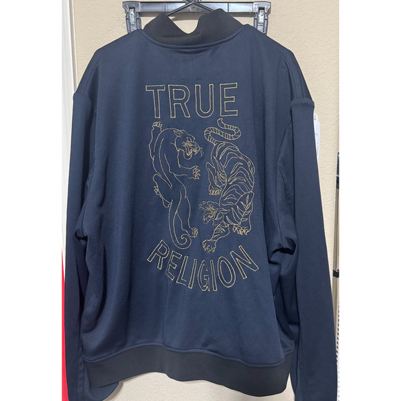 True Religion Bomber Jacket Mens XL Navy Blue Embroidered Tiger Varsity full zip - Picture 1 of 7